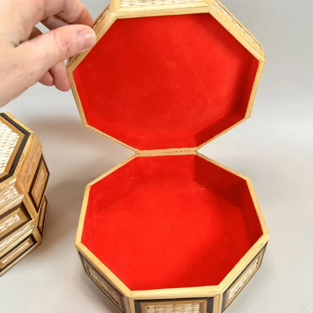 Vintage Bamboo Wicker Hexagon 3 Nesting Jewelry Trinket Boxes- EUC